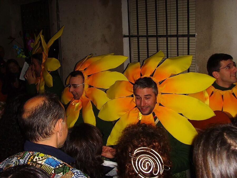 Grupo de personas disfrazadas de girasol entre el público en una calle de Cádiz